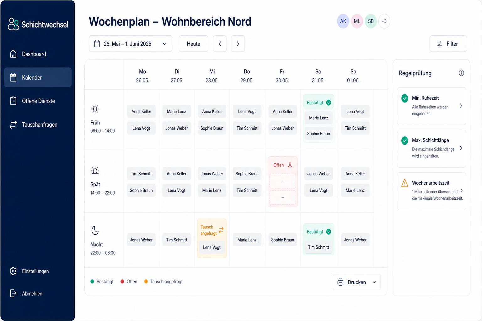 Schichtwechsel Dashboard – Wochenplan mit Regelprüfung